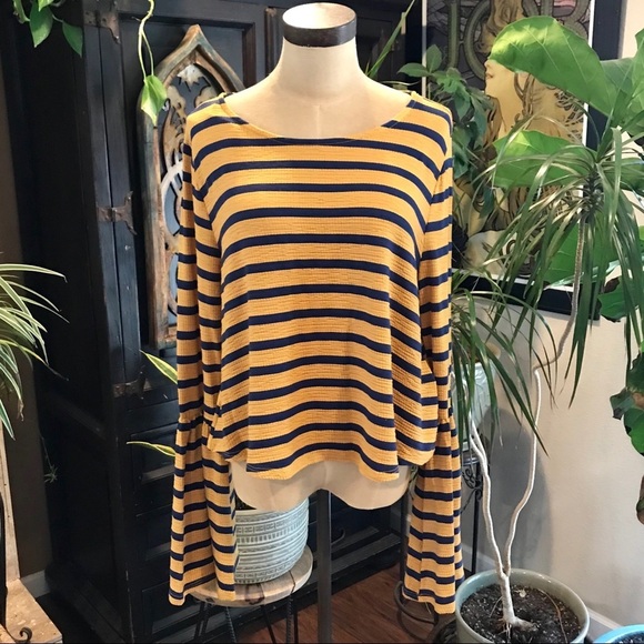 Loveriche mustard & navy strip bell sleeve top - Picture 3 of 8